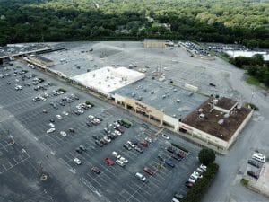 aerial shot roof of shopping mall.