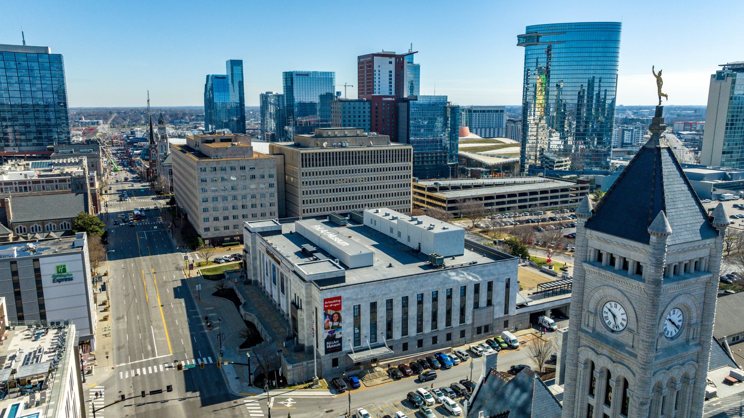 aerial view of frist art museum and downtown nashville