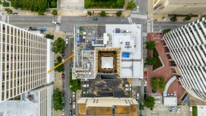 aerial view of downtown commercial building rooftop