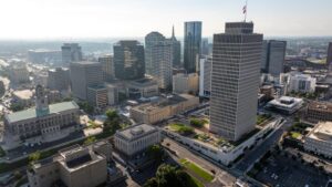 war memorial building aerial downtown